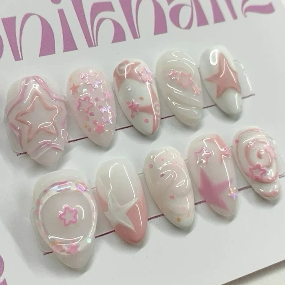 

3D Milky Pink Handmade Press On Nails Art Hand-Painted Stars Glitter Gel Short Almond Fake Nail Party Sticker Birthday Gift