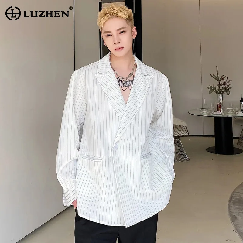 

LUZHEN Stripe Long Fashion Coat Blazer Print Sleeve Elegant Shirt New Men's 2025 Spring Trendy Luxury Korean Outerwear JY2463