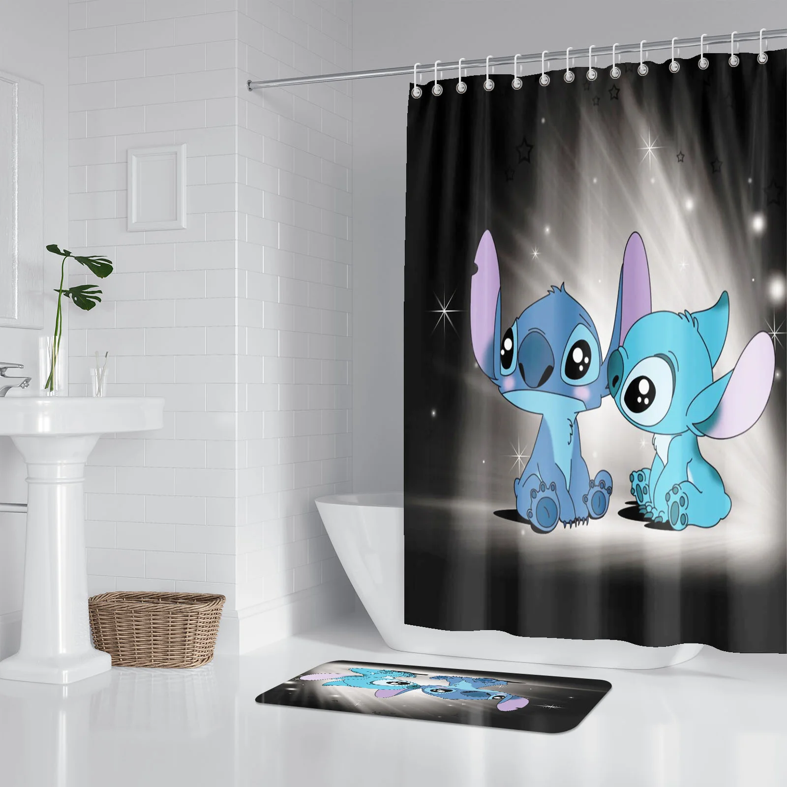 Stitch Anime Home 100% Polyester Bathroom Accessories 4 Piece Set Mats And Shower Curtain  Curtains Sets Luxury Waterproof