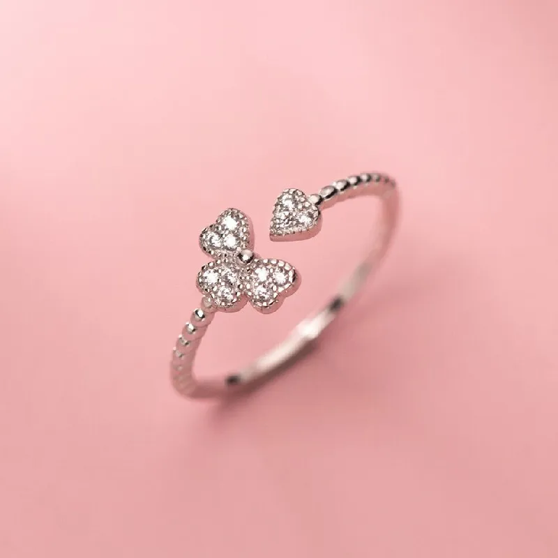 Simple Four Leaf Clover Diamond Ring Women with Shiny Adjustable Opening Birthday Party Jewelry Accessories Gifts