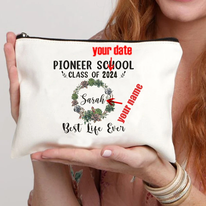 Pioneer School Personalized Name Canvas Cosmetic Bag Storage Zipper Pencil Case Travel Perfume Lipstick Pouch Best Custom Gifts