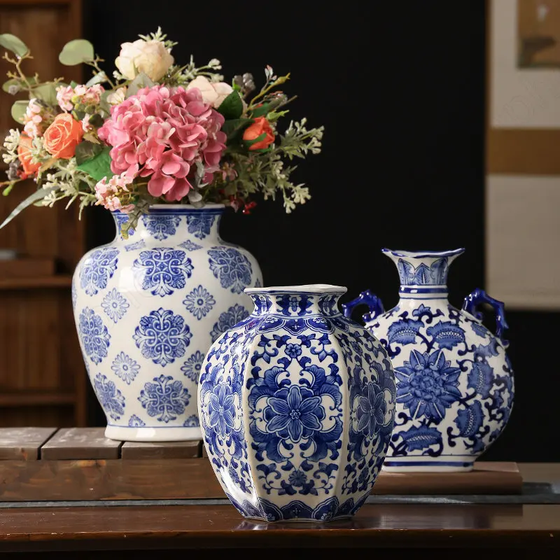 

Chinese classical Blue and white porcelain vase hand drawn lotus branches and flowers Decorative Ceramic vases Home decoration