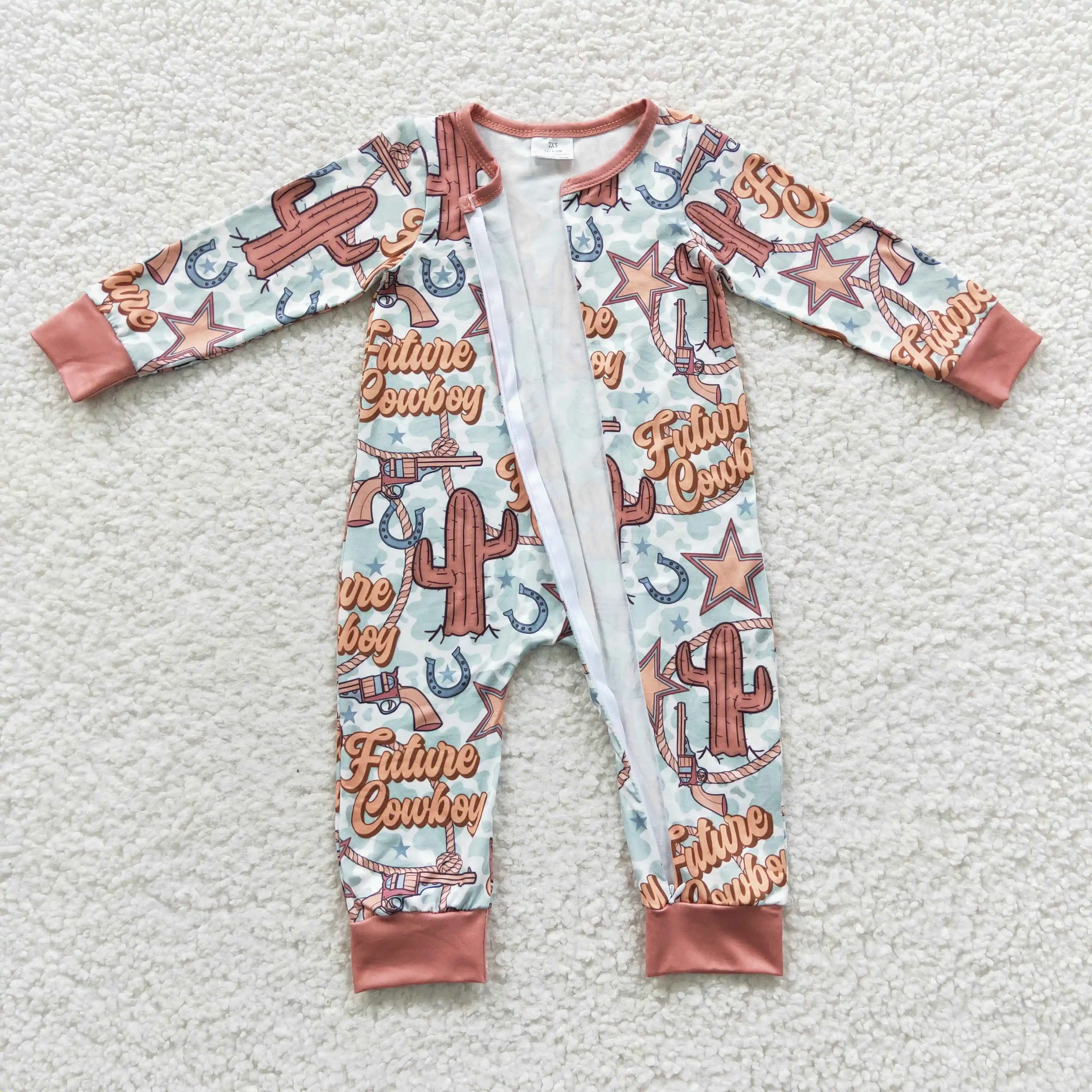 F​ashion Design RTS Toddler Western One-Piece Clothes Boutique Newborn Zip Sleepers Baby Cowboy Rompers