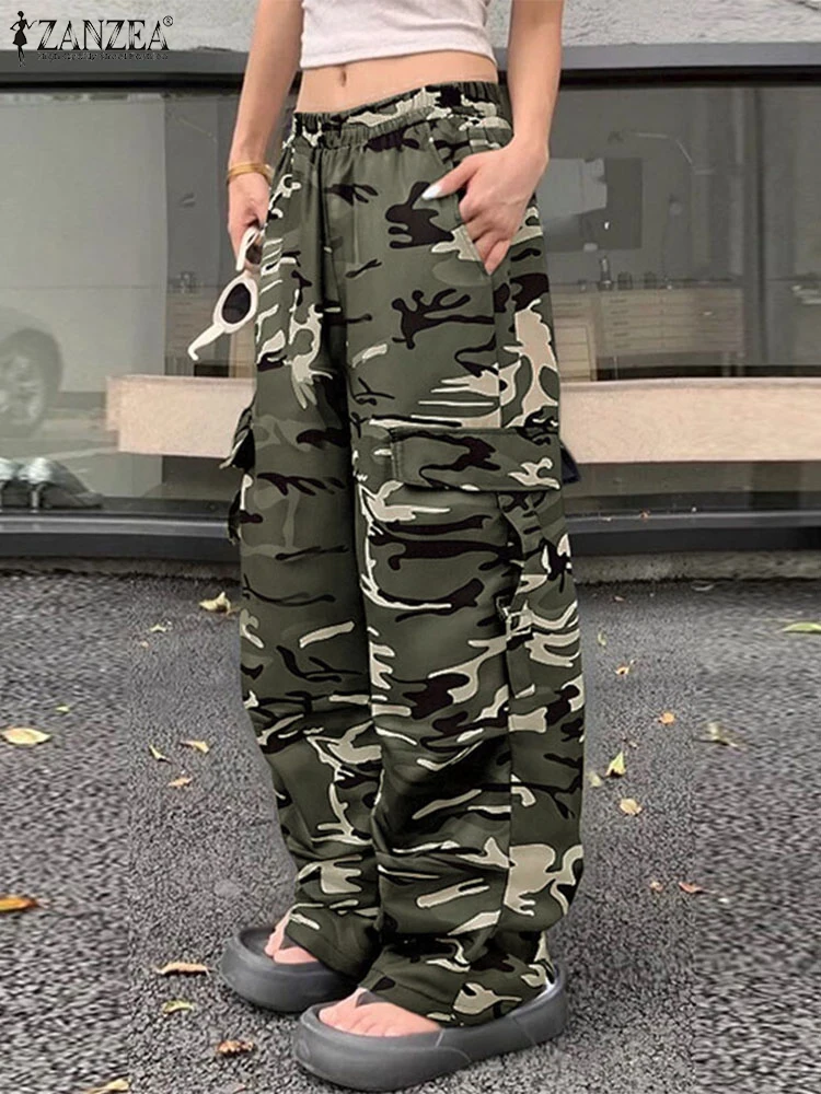 Zanze casual solto perna larga bottoms calças de carga feminina férias camuflagem impresso calças compridas streetwear bolso plissados pantalons