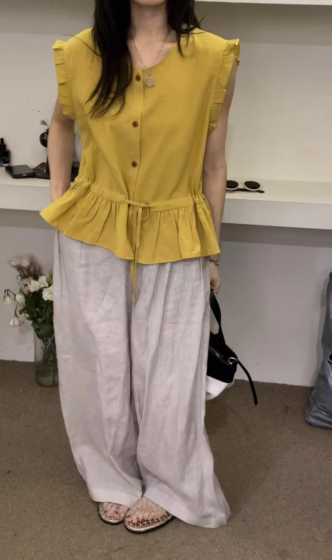 

Ele Nel Svel Top Women's Slim Fit Ruffle Sve Busin Casual Breath Skinny T irt round Ne Summer 2024 K...