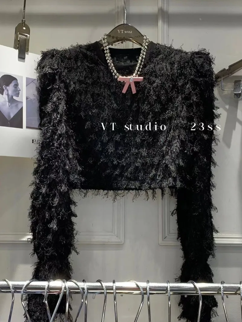 Blusas Mujer Ropa Graphic T Shirts Puff Sleeve Crop Top Korean Shoulder Pad Tassel Sweater Y2k Clothes Jumper Sueter