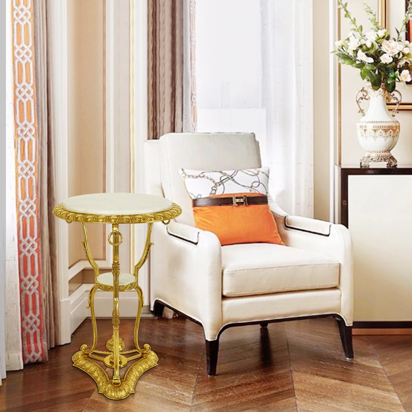 French Baroque Art Design Living Room Bedside Round Copper Coffee Table Hotel Sofa Edge Classic Marble Side Table