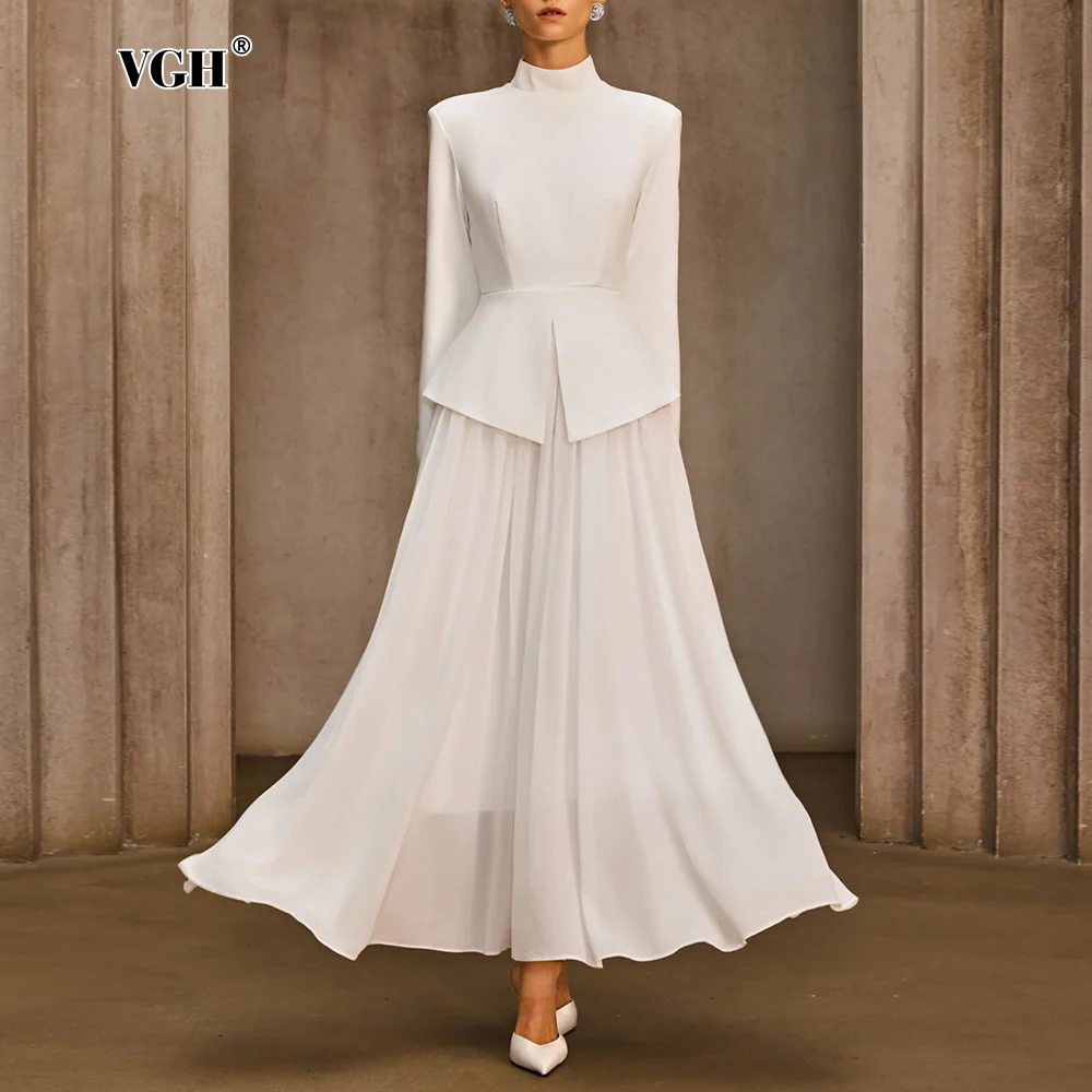 

VGH White Loose Spliced Folds Chic Dresses for Women Stand Collar Long Sleeve Minimalist Elegant Dress Female Spring Fashion New