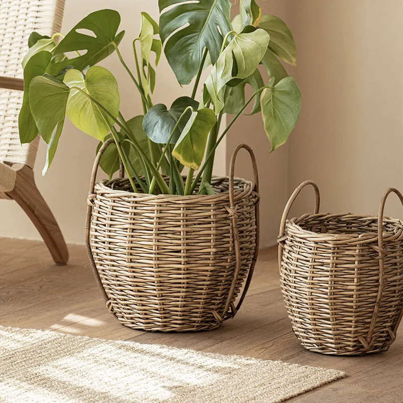 Japanese Style Woven Flower Basket,Natural Floor Planter Pot Cover,Standing Storage Basket for Indoor Plants,Boho Home Decor