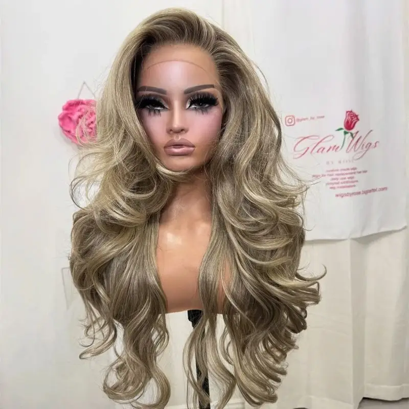 Ombre Ash Blonde Brown Highlights HD Invisible Lace Front Wig Soft Long Wave Wig Heat Resistant Fiber Wig  for Women Daily Wear