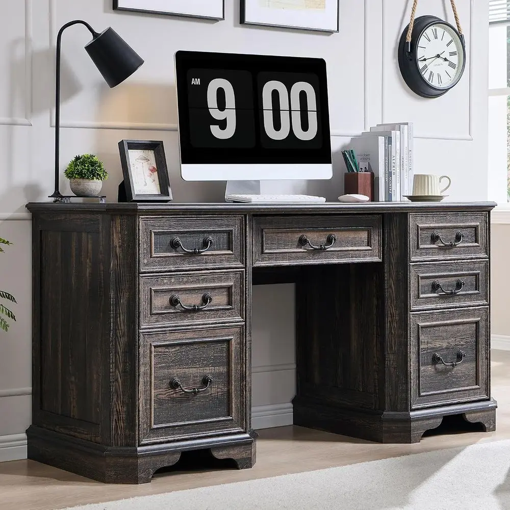Executive Desk with Drawers, Keyboard Tray, Charging Station, File Drawer, Storage Cabinet in Rustic Oak Finish