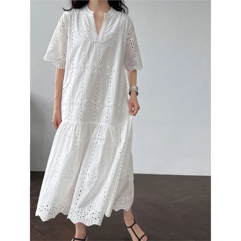 Johnature francese cut-out pizzo ricamo all'uncinetto abito donna 2025 estate nuovi abiti lunghi casual allentati semplici con scollo a V