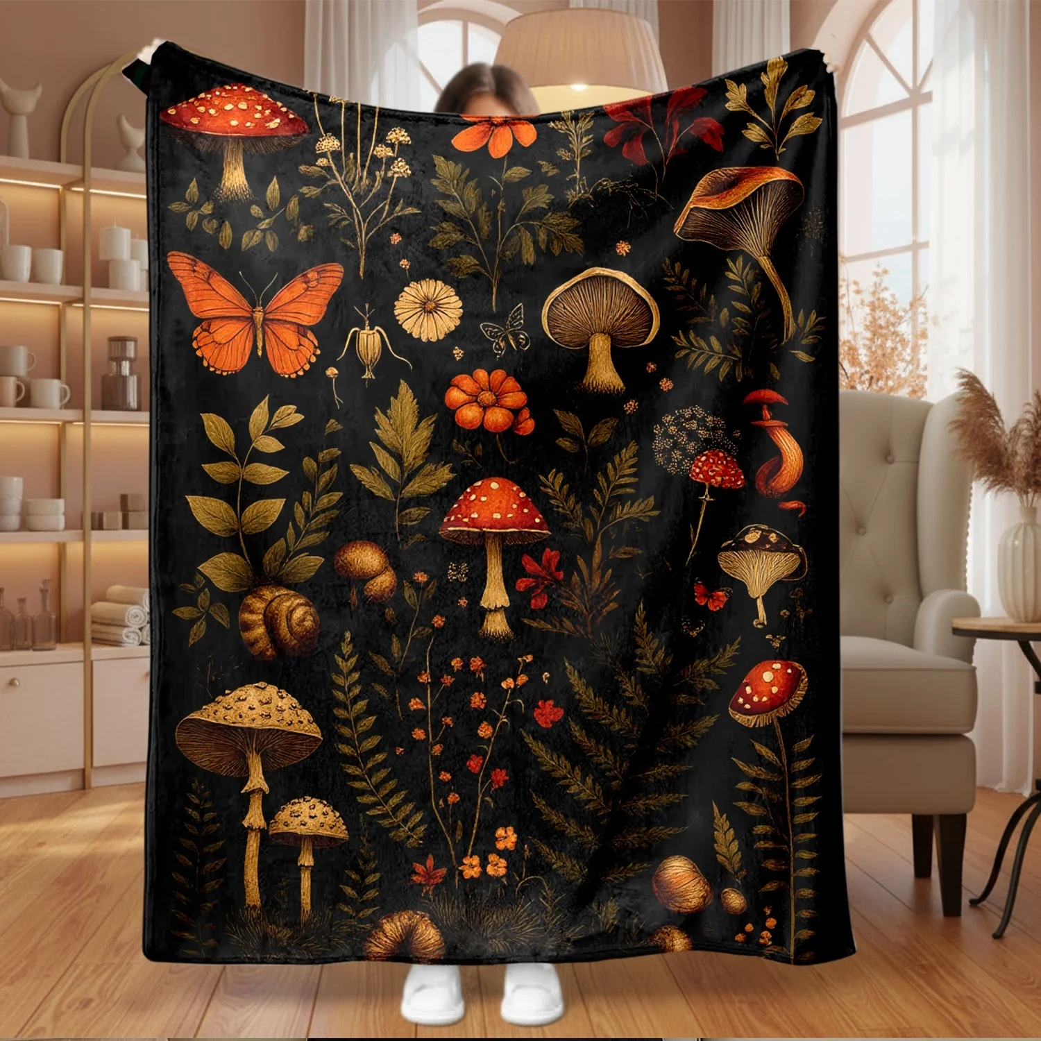 Goblin Core Dark Forest Mushroom Plant Butterfly Print Flannel Blanket Warm Cozy Throw for Couch Travel Study Room Home Decor