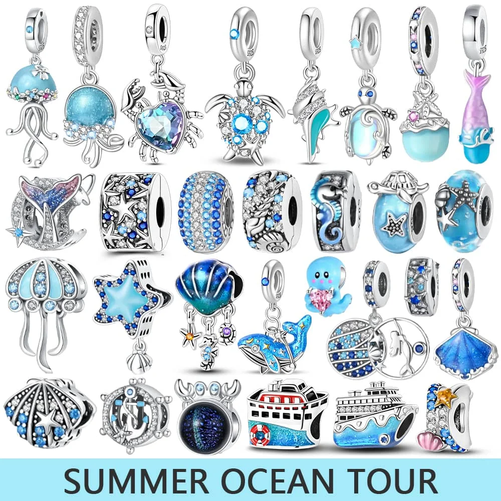 

925 Sterling Silver Blue Ocean Series Beaded Charms Pendant Fit for The Brand's DIY Bracelet Women Jewelry Girlfriend Gifts