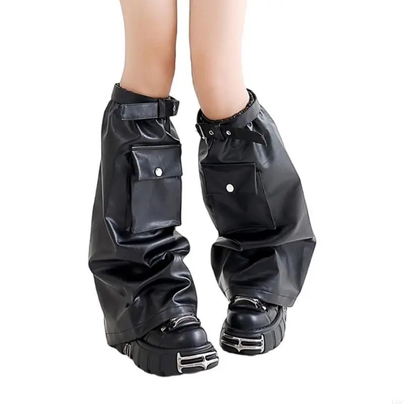 L5YC Black Leg Warmers with Flap Pocket for Women Punk Eyelet Strap Harajuku Faux Leather Boot Covers Long Socks Streetwear