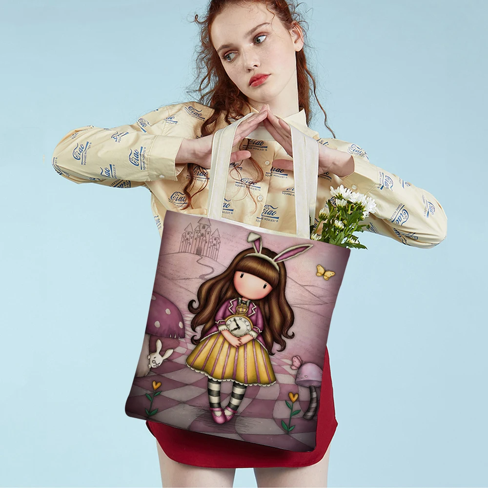 Cartoon Children Women Shopping Bag Both Sided Foldable Reusable Canvas Casual Cute Girl Tote Travel Portable Lady Handbag