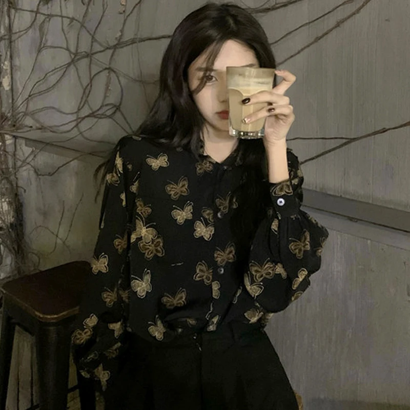 

Women Shirt and Blouse Y2k Vintage Korean Style Harajuku Casual Elegant Chic Fashion Loose Long Sleeve Print Polo Shirt Top 2023