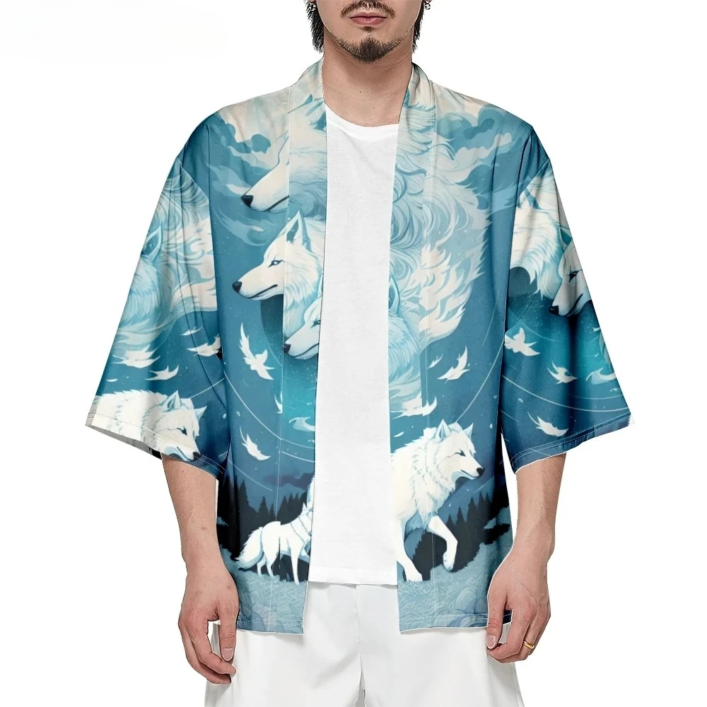 Bebovizi الصيف الشارع الشهير رجل أنيمي الأبيض الذئب طباعة الشاطئ سترة قميص بلوزة للرجال للجنسين اليابانية يوكاتا كيمونوس #5