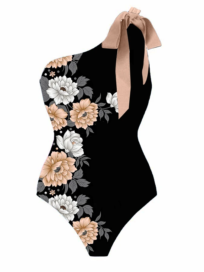 One-Shoulder Tie One-Piece Swimsuit Sexy Black One-Piece Bikini Flower Print Tie-Up Triangle Swimsuit Resort Spa Skirt