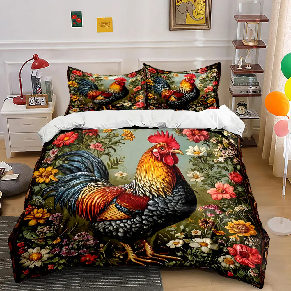 Vibrant rooster with colorful flowers Bedding Set for Kids Luxury Gift 3pcs Digital Print Comforter Set Soft Comfortable