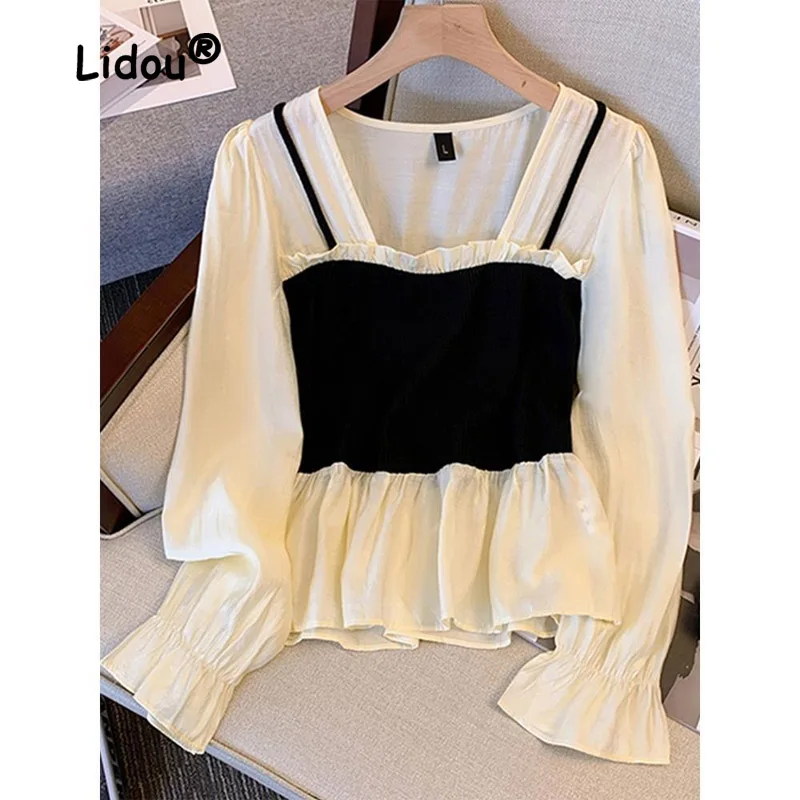 Fashion Patchwork Short Blouse Women\'s Wear New Classic Loose Flare Sleeve Square Collar Office All-match Lady Shirt 2023