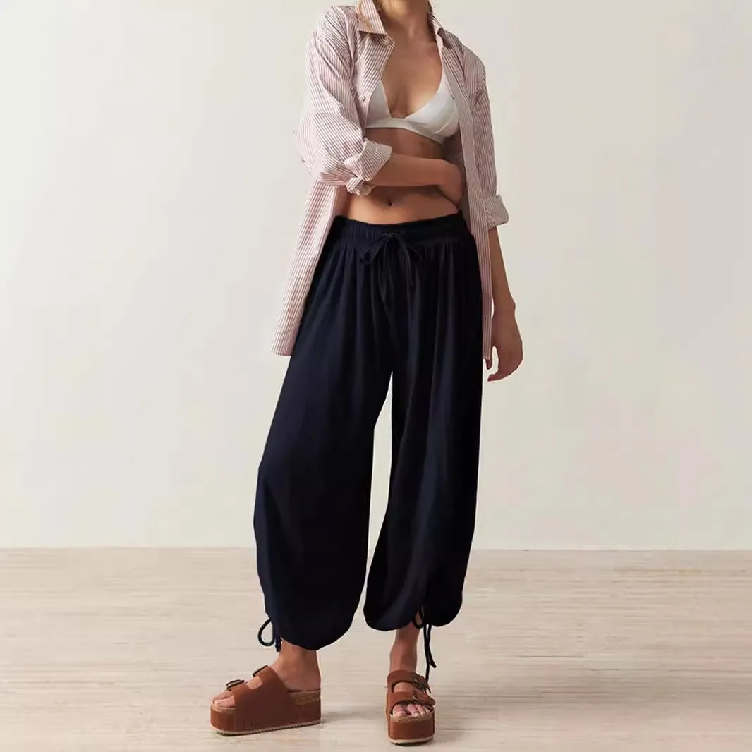 Women's Baggy Pants Loose Fit Casual Trousers Mid Waist Side Tie Detail Drawstring Pants Harem Ruched Cuff Wide Leg Pants