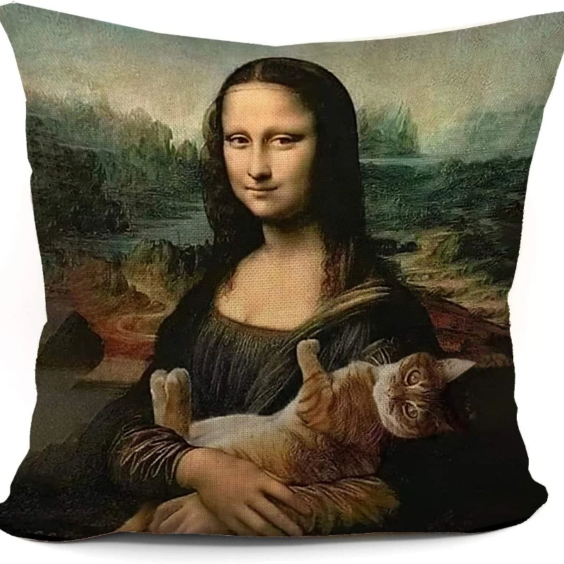 Funda de almohada divertida con forma de Mona Lisa y gato, decoración para sofá, cama y silla, 18X18 pulgadas, regalos