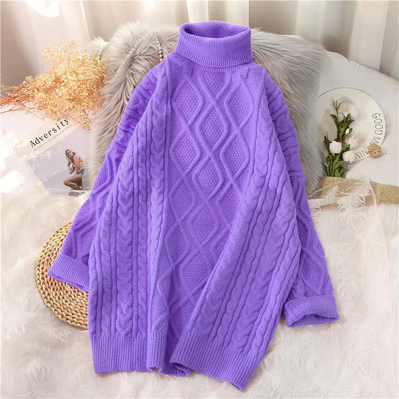 Women's Turtleneck Twist Mid-length Sweater Fall Winter New Korean Casual Thick Oversize Pullover Loose Basic Crochet Sueter