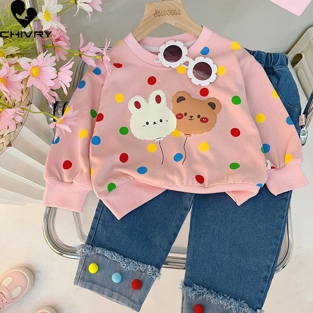 Conjunto de ropa informal para niños y niñas, sudadera con estampado de oso de dibujos animados y puntos, Tops y pantalones vaqueros, Otoño, novedad de 2023