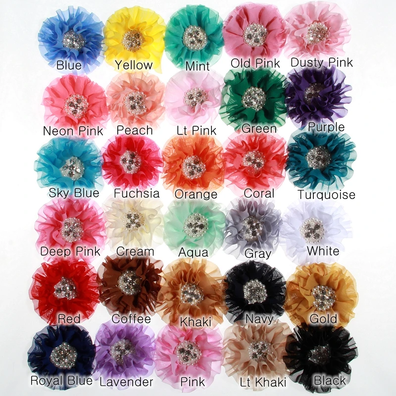 120PCS 10CM 3.9inch Vintage Big Chiffon Flowers With Pearl Rhinestone For Headbands Fabric Flowers For Hair Clips Embellishment