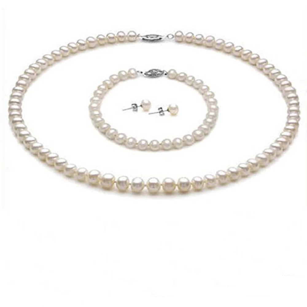 

mini AAAA+7-8mm Japanese Japan Akoya white pearl earring bracelet 7.5-8in necklace set 14k white gold buckle