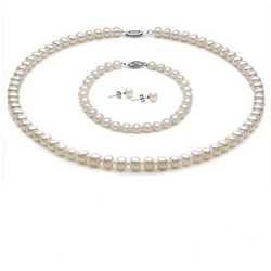 미니 AAAA+7-8mm 일본 일본 아코야 화이트 진주 귀걸이 팔찌 7.5-8in 목걸이 세트 14k 화이트 골드 버클