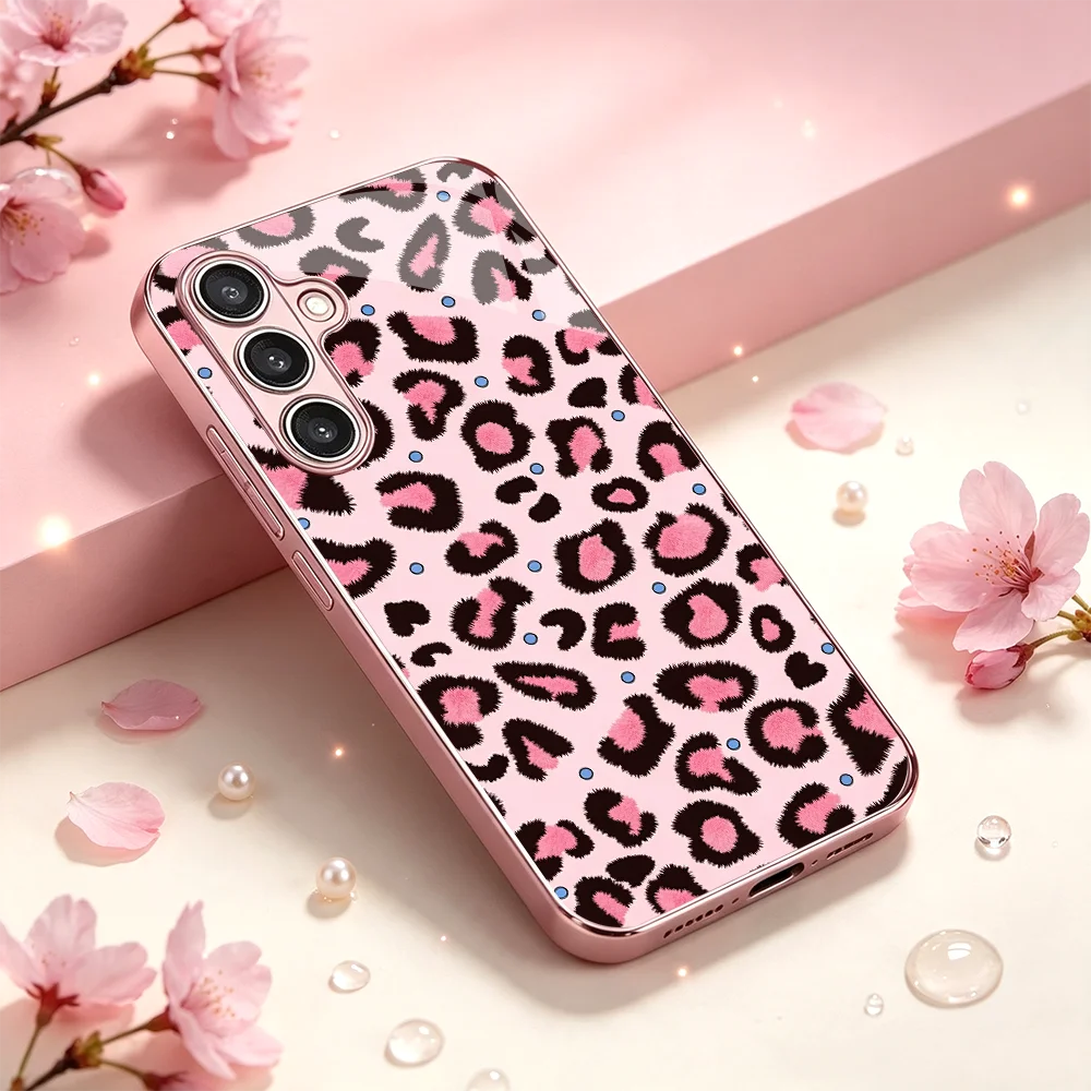 Blue dot leopard print Tempered Glass TPU Fashion phone case for Samsung Galaxy S26/S25/S24/S23/S22/S21 FE Ultra Plus Shockproof