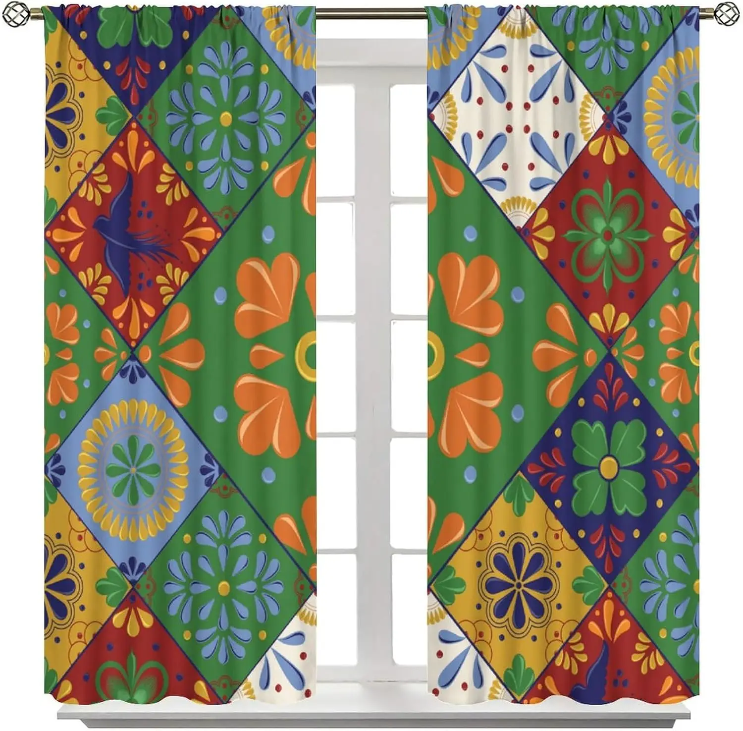 2 Panels Mexican Talavera Diamond Tile Curtains Color Floral Swallow Geometric Ceramic Print Drapes Boho Kitchen Bedroom Window