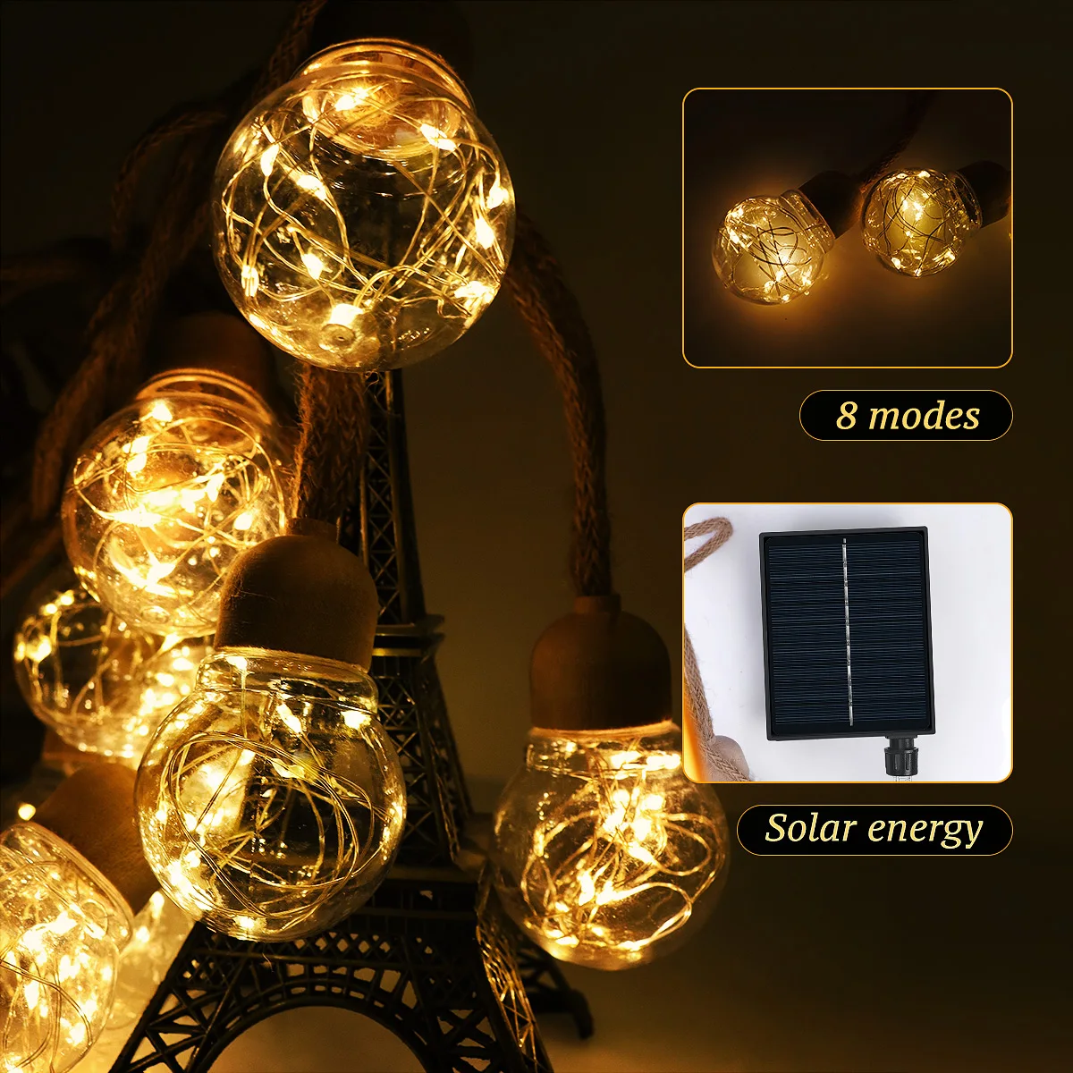 

Outdoor Solar Hemp Rope String Lights, Warm Color Waterproof Bulbs Camping Decoration Indoor Outdoor for Patio Garden Fence Tree