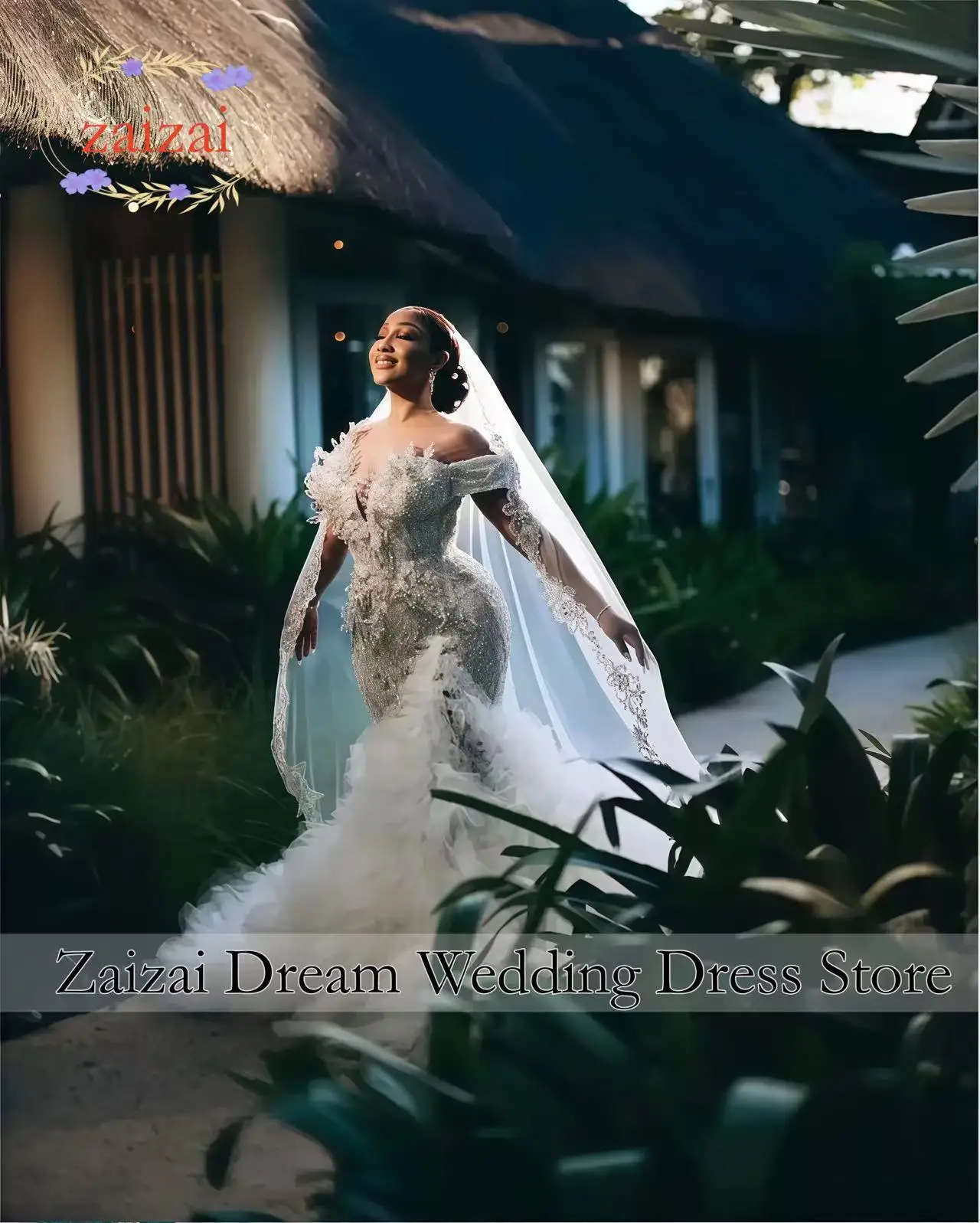 Customized Luxurious Mermaid Off Shoulder Sleeves Wedding Dress With Beading Pearls Embroidery Lace Bridal Gown Tiered Train