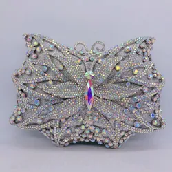 Crystal Silver Metal Women Evening Bag Diamond Wedding Bridesmaid Clutches For Luxury Lady Gala Butterfly Purse