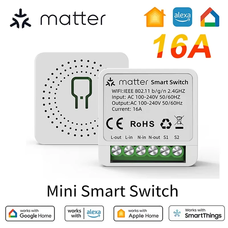 Matter WiFi Smart Switch 16A Smart Home Lichtschalter Relaismodul Sprachsteuerung Kompatibel mit Alexa Google Homekit Smartthings Tuya
