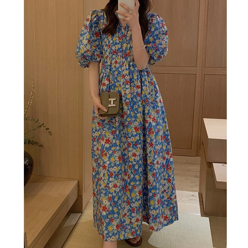 Summer V-neck Floral Dress Korean Style Loose Flower Printed Dress Women Clothes Casual Short Sleeve A-line Dress Vestidos 27991