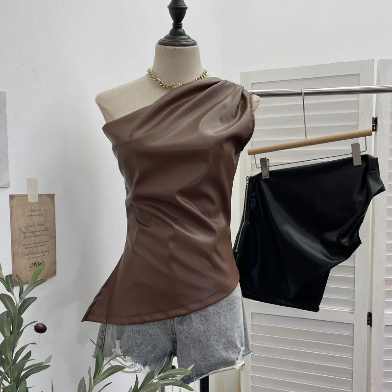 

Sexy One-shoulder Sleeveless Vest Pu Leather Slanted Shoulder Side Zipper Slim-fitting Short Sleeveless Top Women
