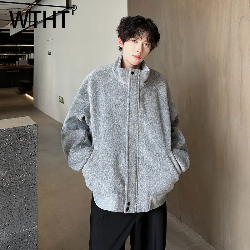 

WTHT Fashion Men's Solid Color Keep Warm Loose Coats Trendy American Style Stand Collar Casual Jackets Male 2026 Spring 2A2682