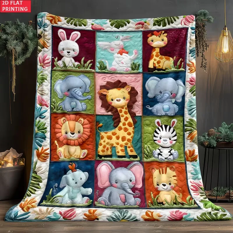 Jungle Animal Patchwork Print Throw Blanket, Colorful Cartoon Wildlife Fleece Blanket, Cozy All‑Season Bed Blanket for Toddler Kids, Perfect Nursery Decor Gift