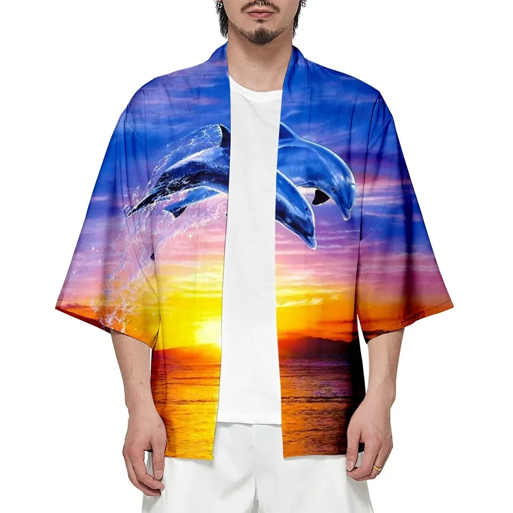 Summer Dolphin Kimono Hawaiian Shirt Kawaii Beach Casual Tops Unisex Yukata Bathrobes Cute Loose Kimonos Fashion Outwear Chic