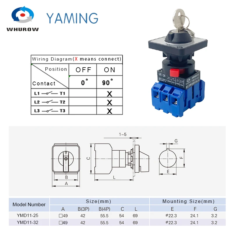 YMD11-25YS3/3 Load Circuit Breaker Universal Master Control Key With Lock Rotation Power Off Cam Isolator Switch LW30-32A / 25A