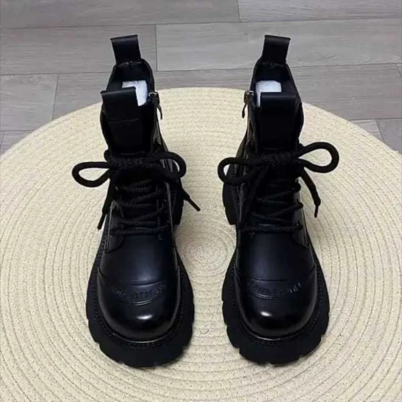 Ankle Boots Women 2024 New Women's Boots Winter Round Toe Lace-up Shoes Women's Platform Designer Knight Boots Women Shoes