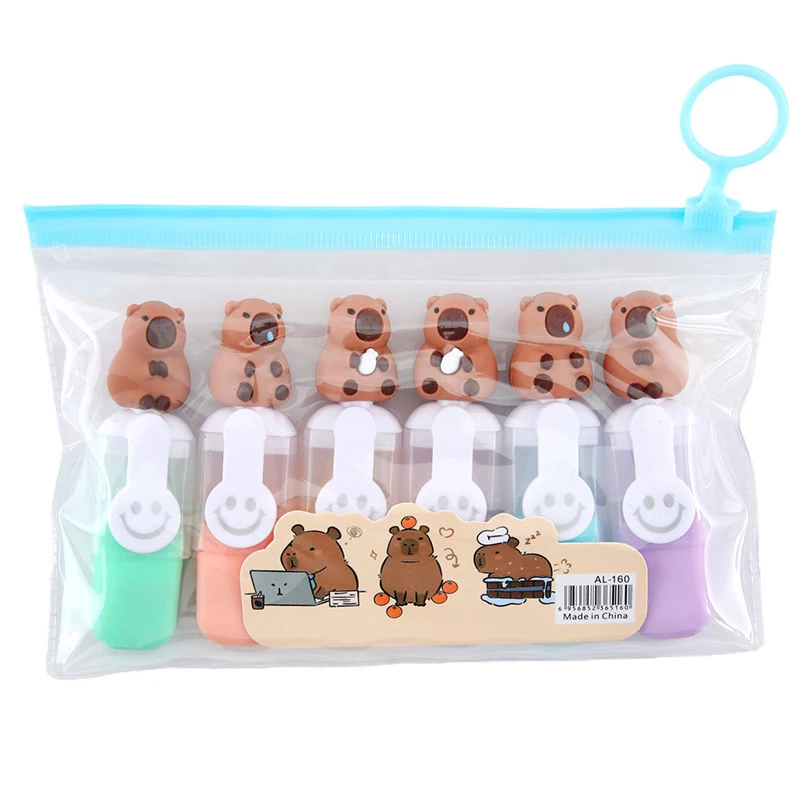 Capivara Cartoon Fluorescente Highlighter Pen, Marcadores de Desenho Pastel, Material de Escritório Escolar, Papelaria Presente, Sorriso, 6Pcs por Pacote