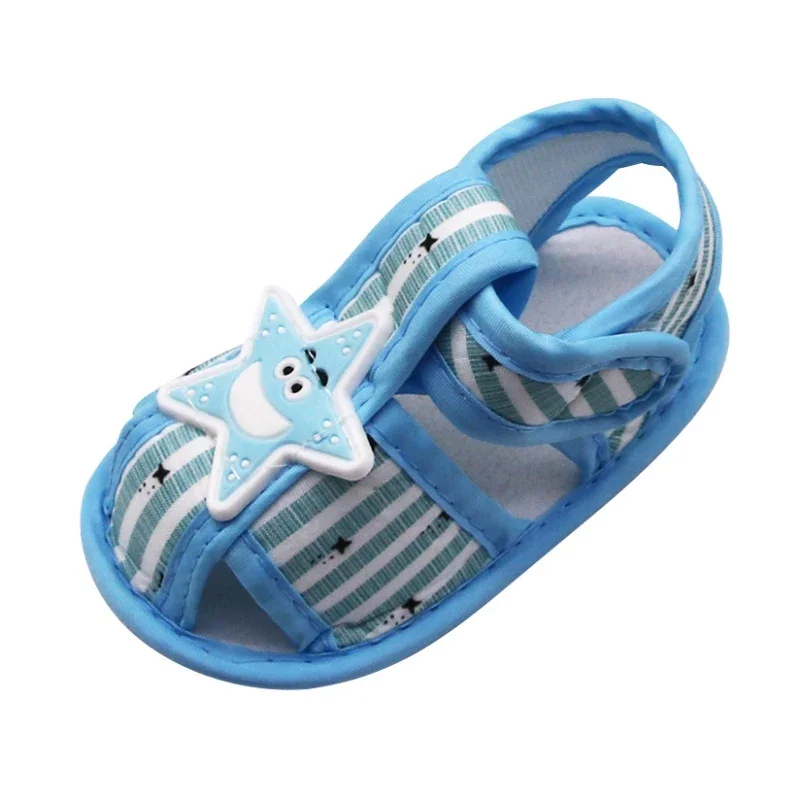 Summer Baby Boys Hollow Sandals Cartoon Star Pattern Striped Print Cotton Infant Toddler Soft Sole Shoes First Walker 0-24Months