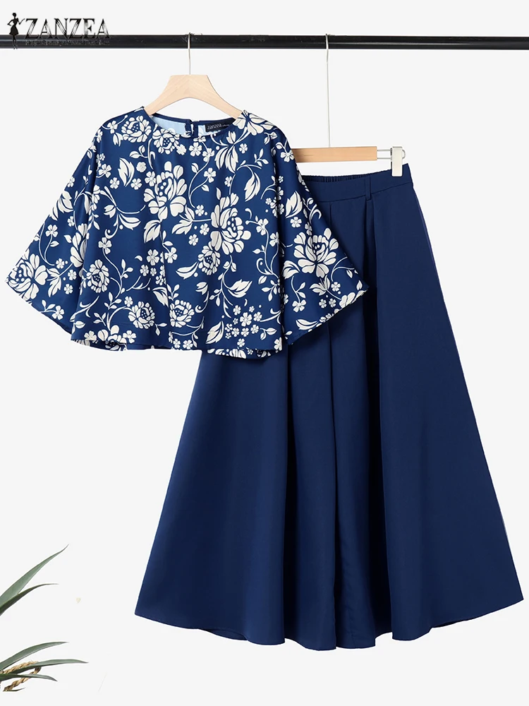ZANZEA 2PCS Vintage Women Matching Sets Summer Outfits Fashion O Neck 3/4 Sleeve Printed Blouse Wide Leg Trousers Suit Oversize