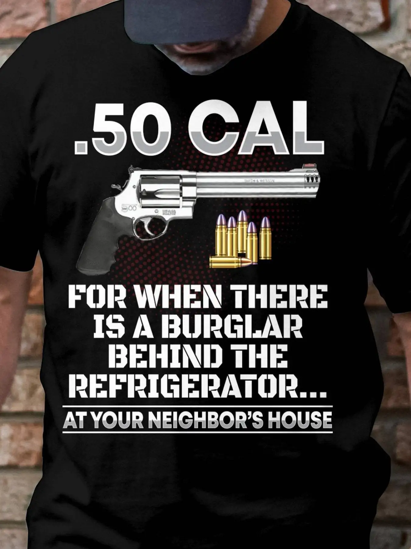Men's Funny Gun Meme T-Shirt (Single Piece) - Printed with a .50 caliber bullet casing design, casual crew neck short sleeve