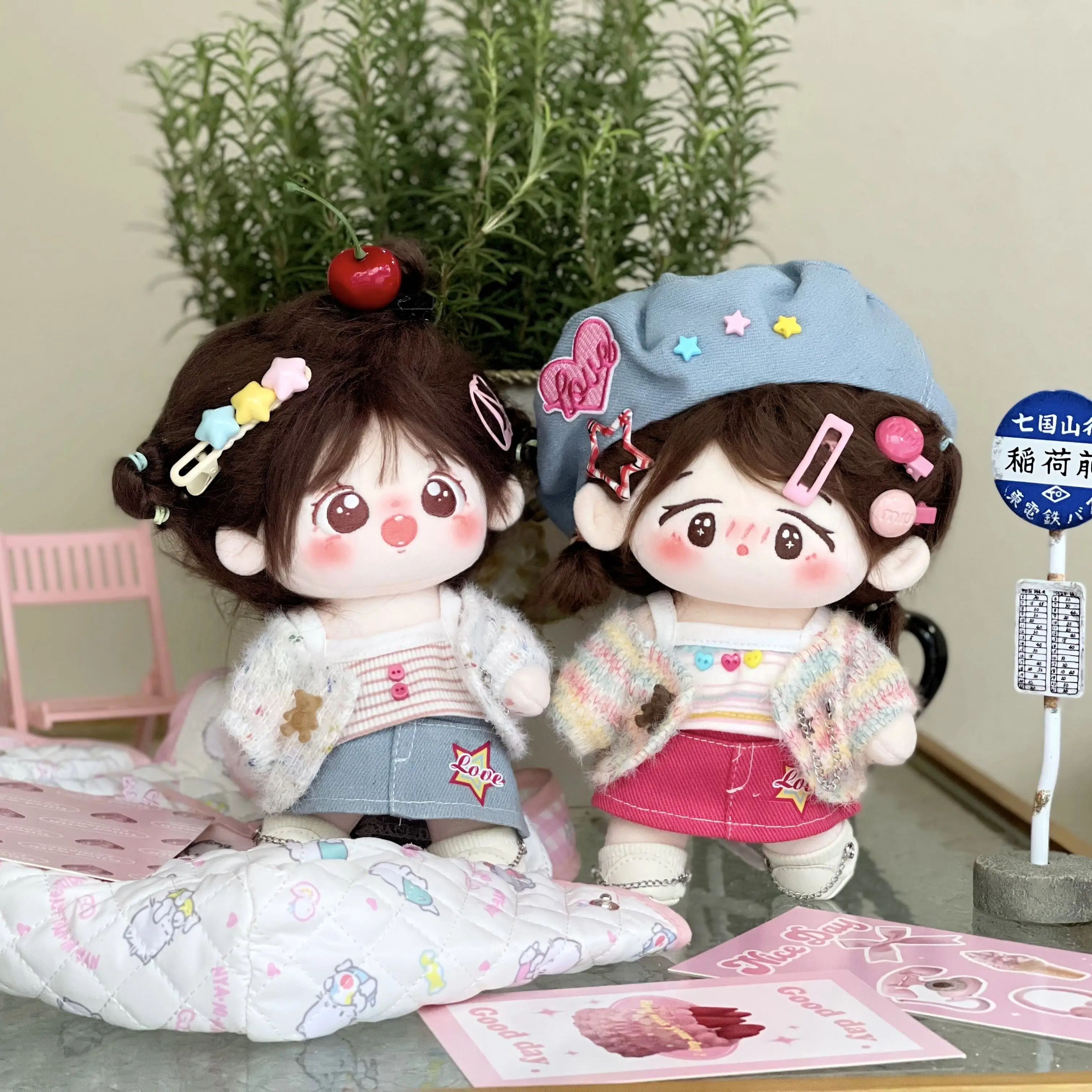 No Attribute Sweet Y2K Gyaru Costume Set 20cm Plush Stuffed Doll Change Clothes Kpop Denim Skirt Outfit Birthday Gift